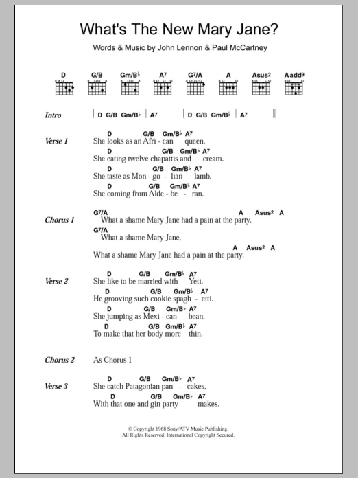 The Beatles What's The New Mary Jane? sheet music notes and chords arranged for Guitar Chords/Lyrics