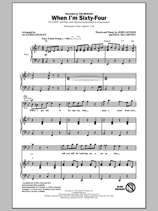 The Beatles When I'm Sixty-Four (arr. Alan Billingsley) sheet music notes and chords arranged for SATB Choir