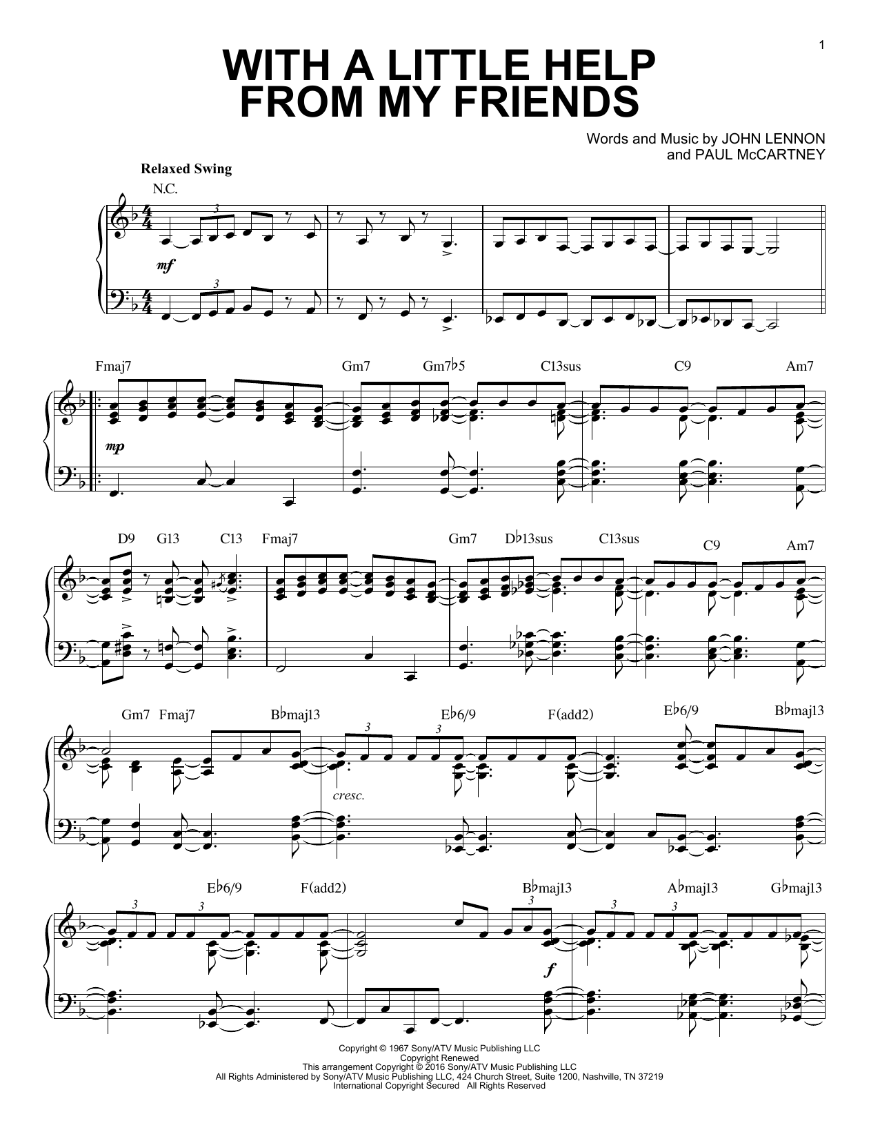 The Beatles With A Little Help From My Friends [Jazz version] (arr. Brent Edstrom) sheet music notes and chords arranged for Piano Solo