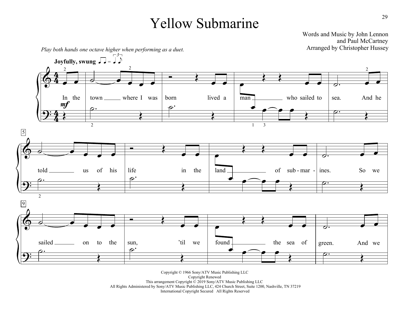 The Beatles Yellow Submarine (arr. Christopher Hussey) sheet music notes and chords arranged for Piano Duet