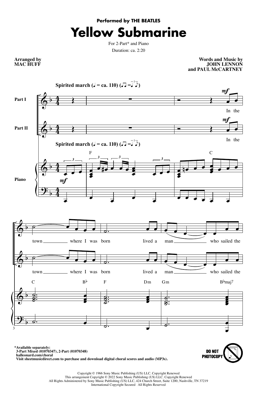 The Beatles Yellow Submarine (arr. Mac Huff) sheet music notes and chords arranged for 2-Part Choir