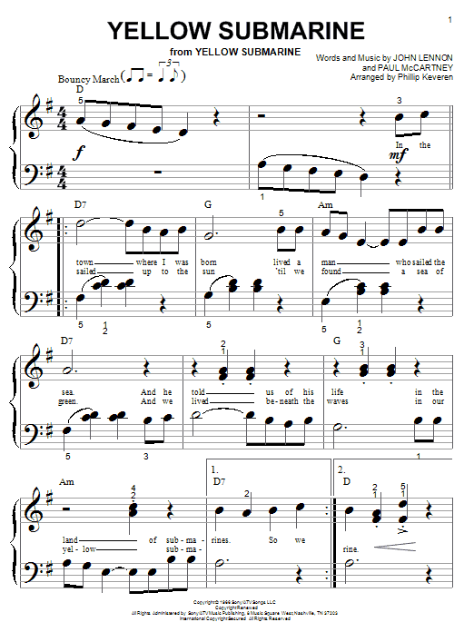 The Beatles Yellow Submarine (arr. Phillip Keveren) sheet music notes and chords arranged for Big Note Piano
