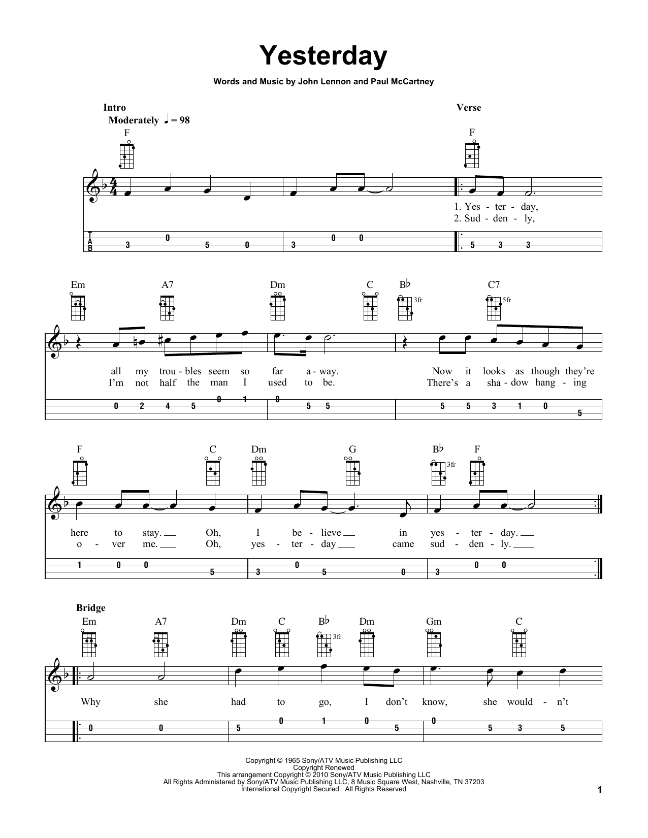 The Beatles Yesterday (arr. Bobby Westfall) sheet music notes and chords arranged for Mandolin