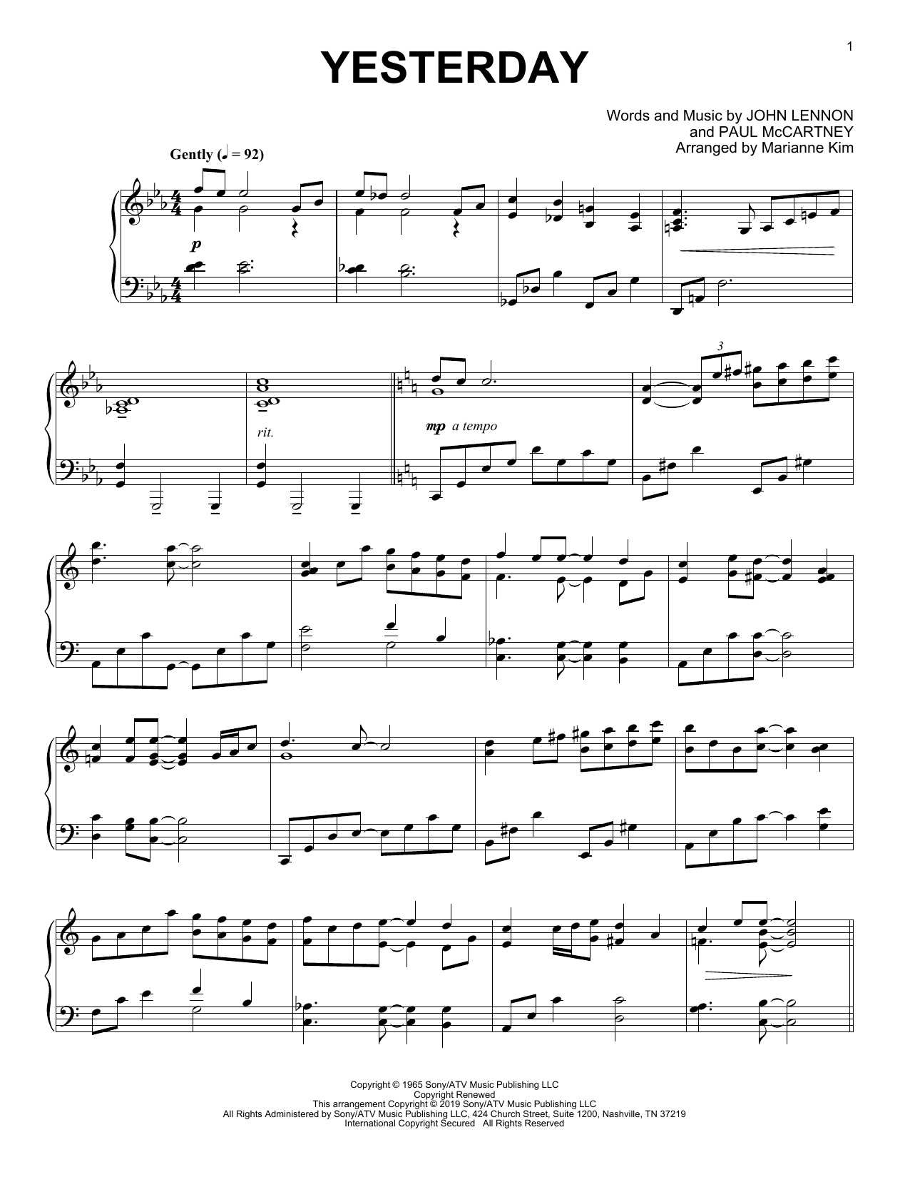 The Beatles Yesterday (arr. Marianne Kim) sheet music notes and chords arranged for Piano Solo