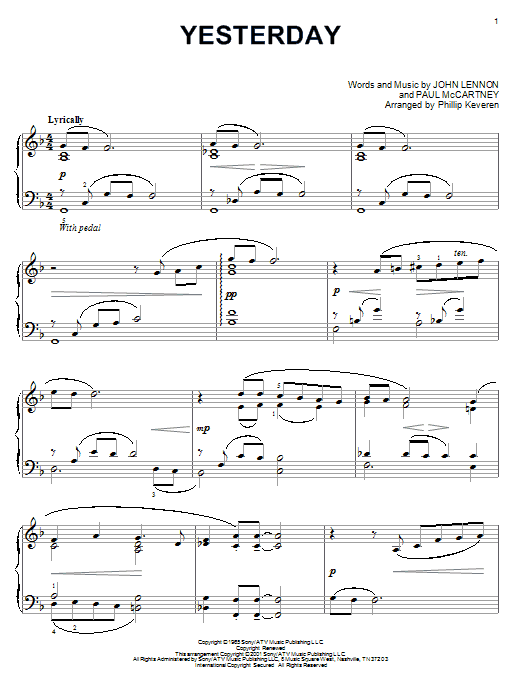 The Beatles Yesterday (arr. Phillip Keveren) sheet music notes and chords arranged for Piano Solo