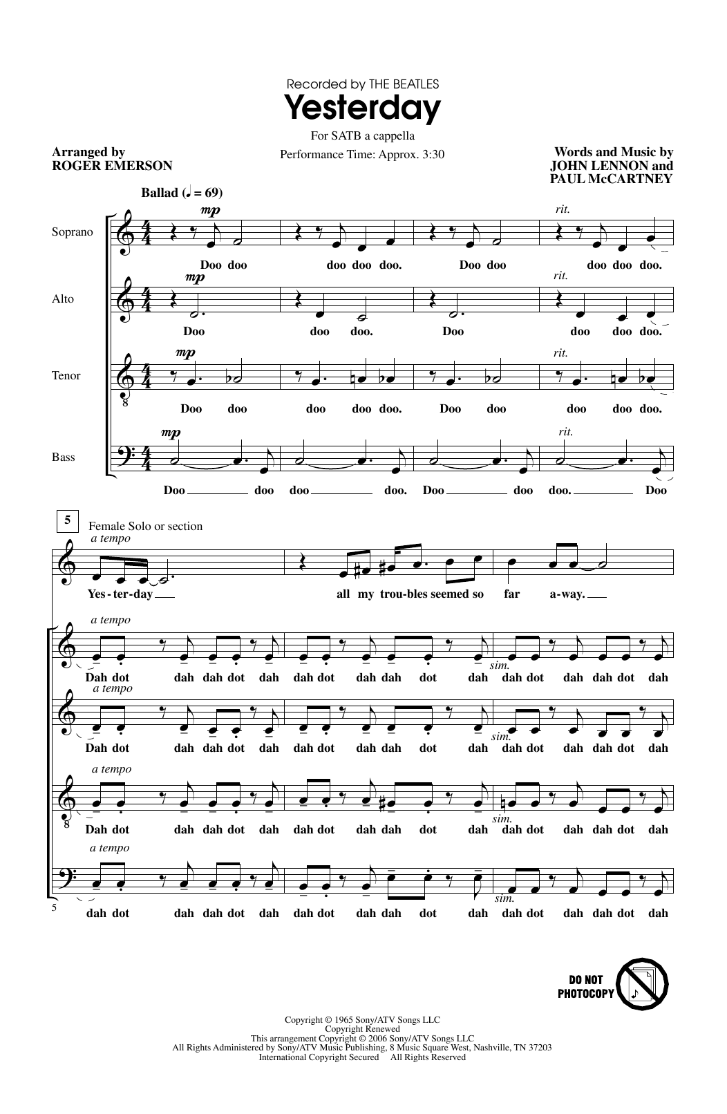 The Beatles Yesterday (arr. Roger Emerson) sheet music notes and chords arranged for SATB Choir