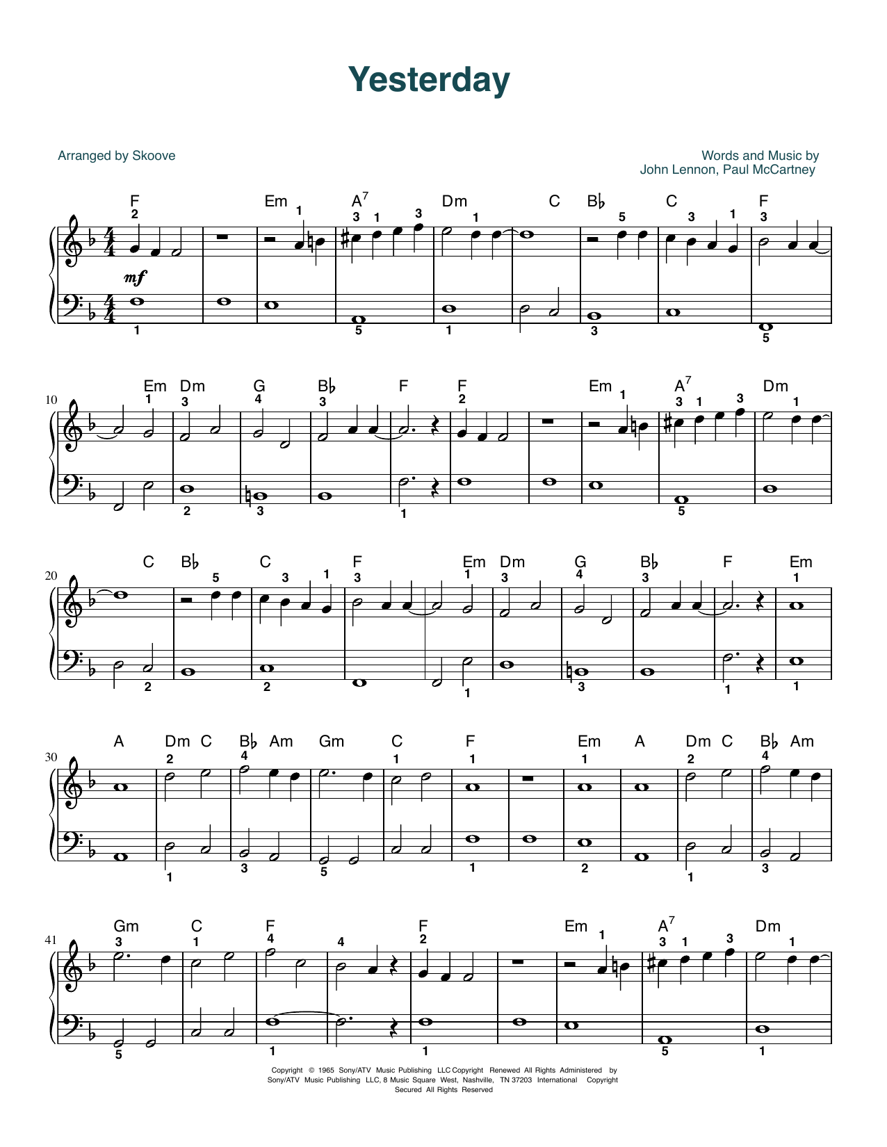 The Beatles Yesterday (arr. Skoove) sheet music notes and chords arranged for Easy Piano