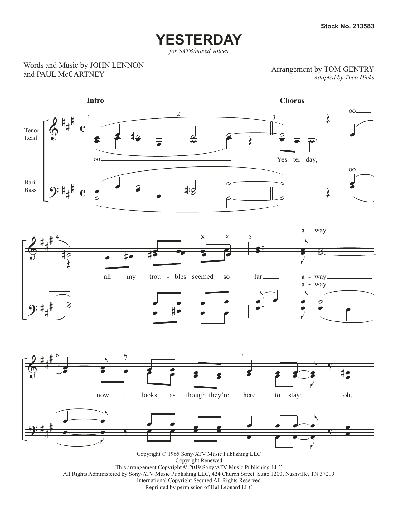 The Beatles Yesterday (arr. Tom Gentry) sheet music notes and chords arranged for SATB Choir