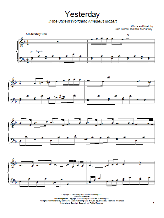 The Beatles Yesterday (in the style of Wolfgang Amadeus Mozart) sheet music notes and chords arranged for Piano Solo