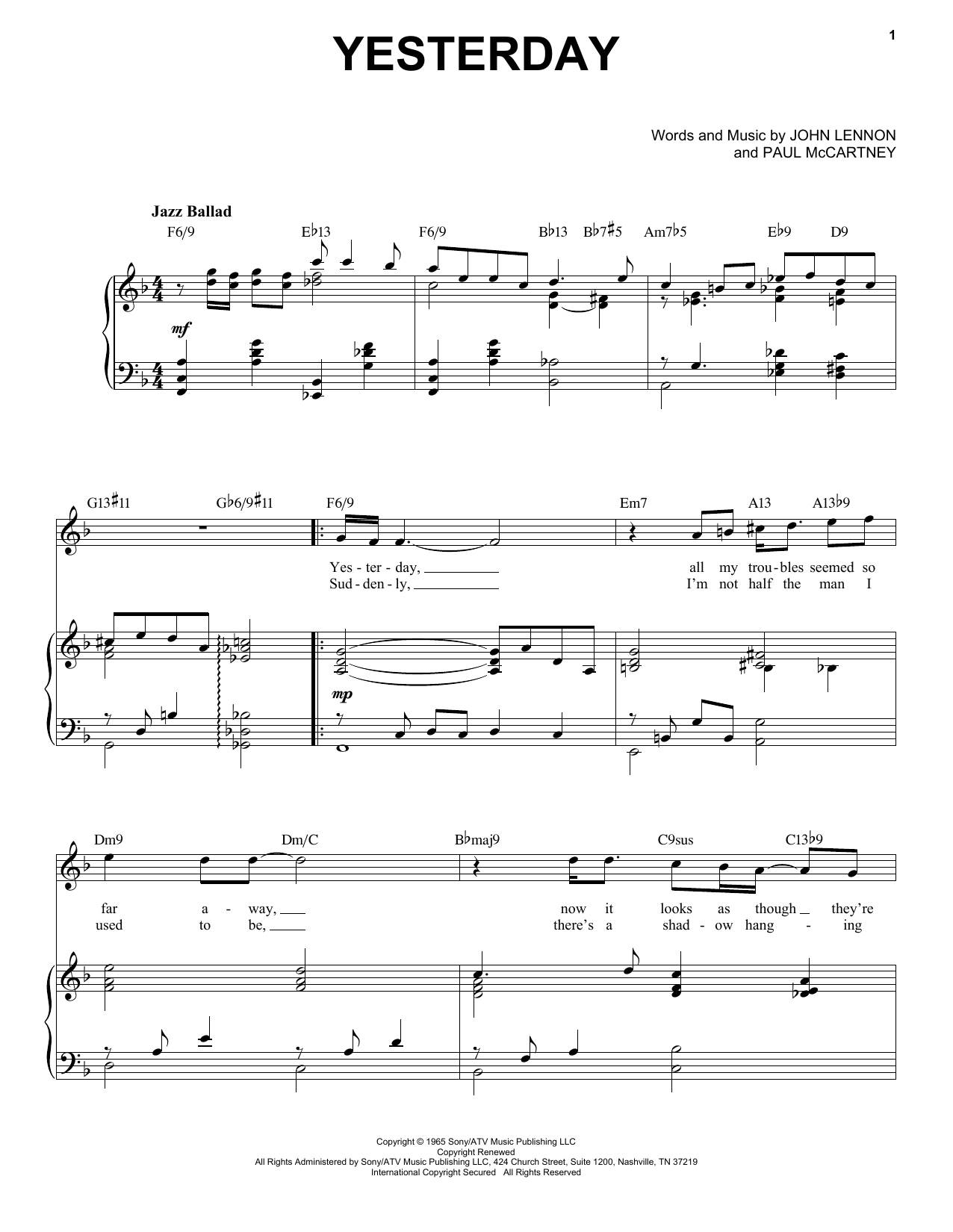 The Beatles Yesterday [Jazz version] (arr. Brent Edstrom) sheet music notes and chords arranged for Piano & Vocal