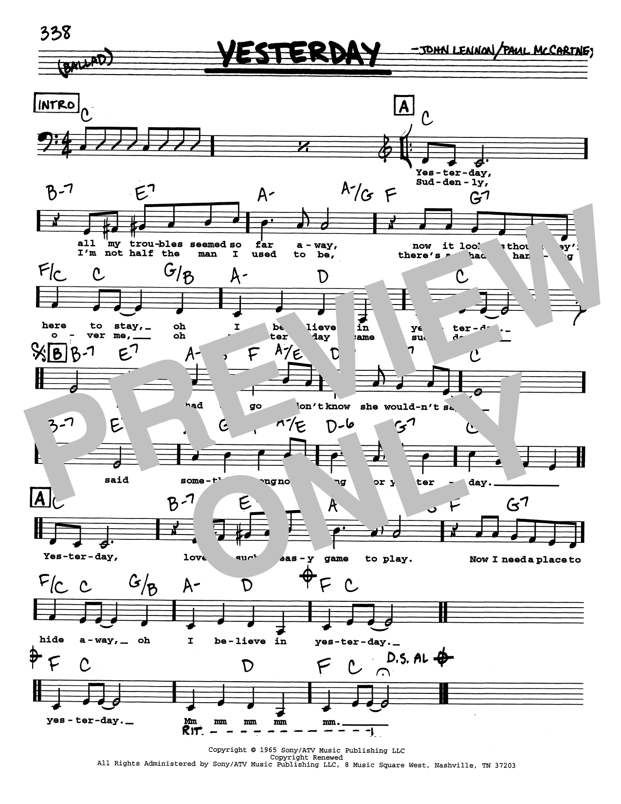 The Beatles Yesterday (Low Voice) sheet music notes and chords arranged for Real Book – Melody, Lyrics & Chords