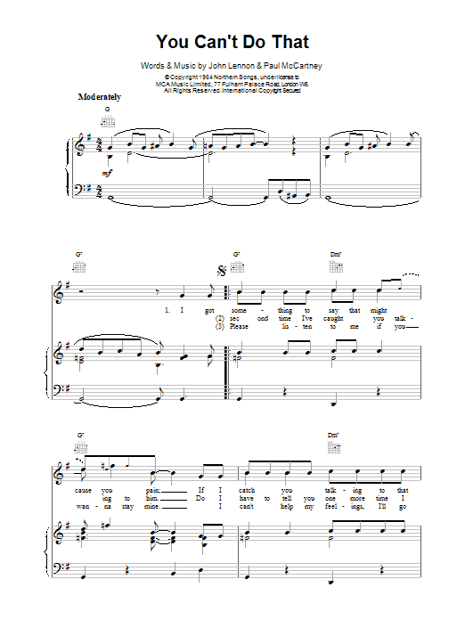 The Beatles You Can't Do That sheet music notes and chords arranged for Guitar Chords/Lyrics