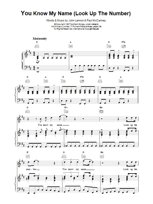 The Beatles You Know My Name (Look Up The Number) sheet music notes and chords arranged for Guitar Chords/Lyrics