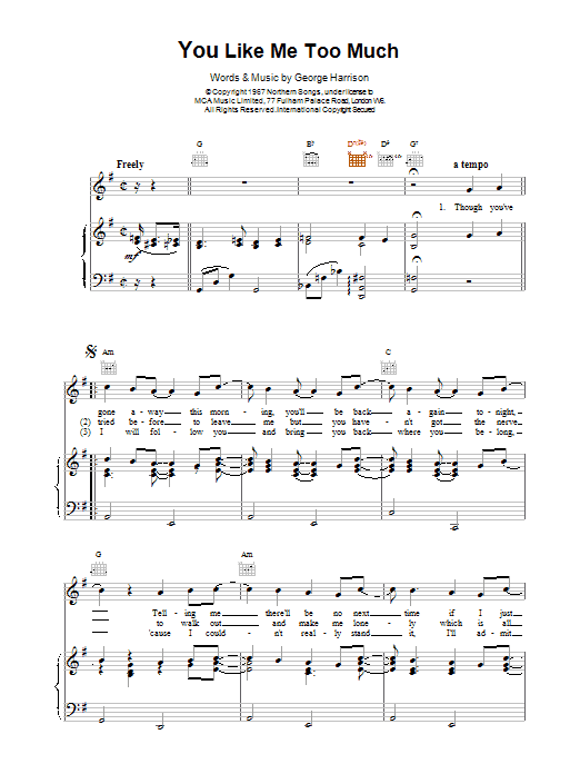 The Beatles You Like Me Too Much sheet music notes and chords arranged for Guitar Chords/Lyrics