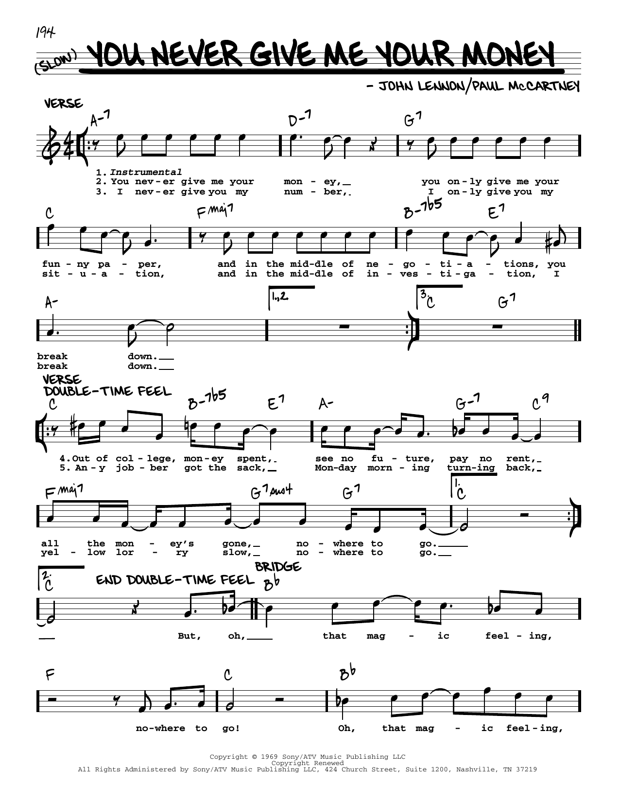 The Beatles You Never Give Me Your Money [Jazz version] sheet music notes and chords arranged for Real Book – Melody, Lyrics & Chords