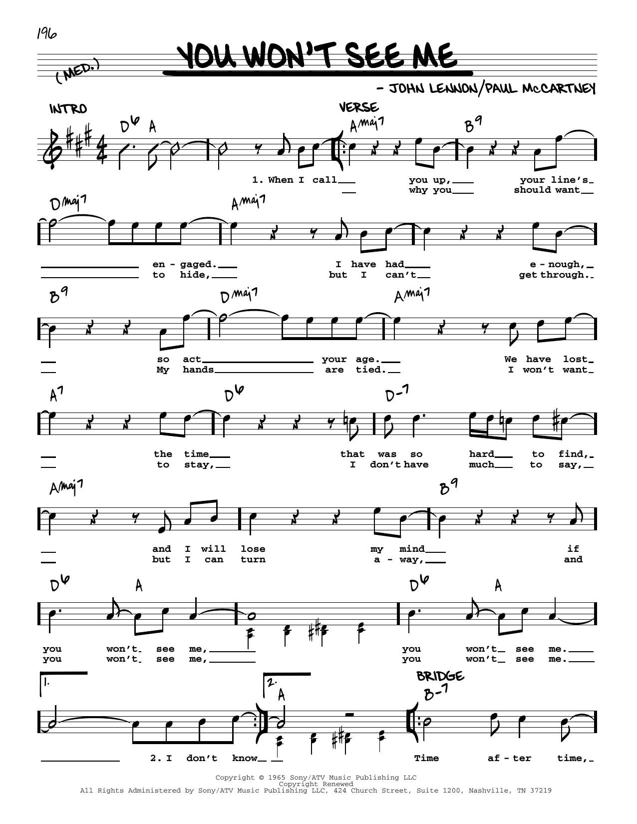 The Beatles You Won't See Me [Jazz version] sheet music notes and chords arranged for Real Book – Melody, Lyrics & Chords