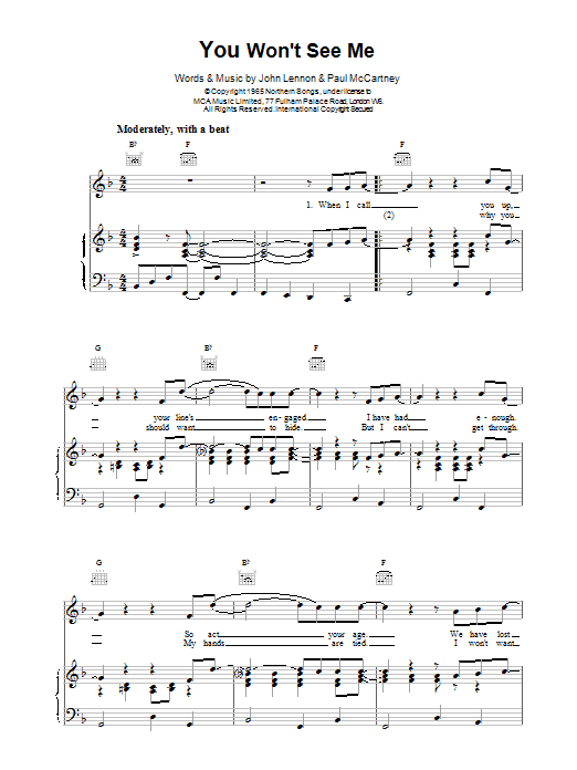 The Beatles You Won't See Me sheet music notes and chords arranged for Piano, Vocal & Guitar Chords (Right-Hand Melody)