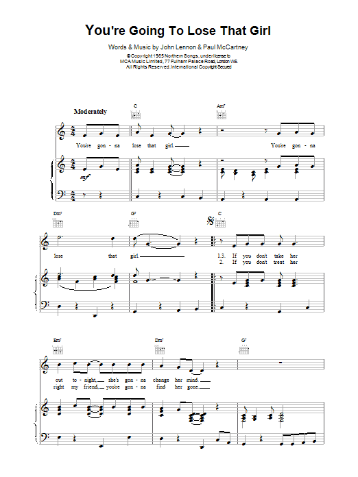 The Beatles You're Going To Lose That Girl sheet music notes and chords arranged for Oboe Solo