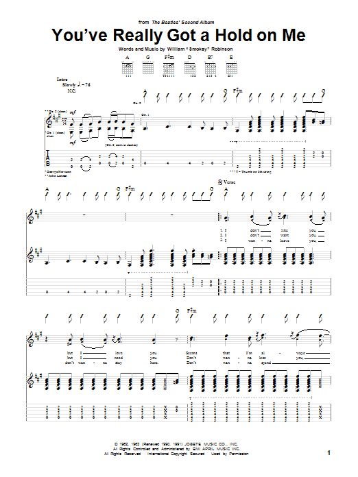 The Beatles You've Really Got A Hold On Me sheet music notes and chords arranged for Guitar Tab