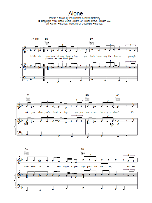 The Beautiful South Alone sheet music notes and chords arranged for Piano, Vocal & Guitar Chords