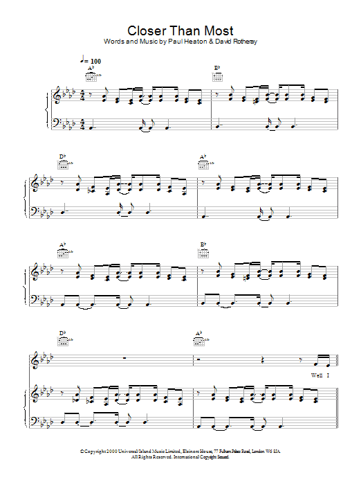 The Beautiful South Closer Than Most sheet music notes and chords arranged for Piano, Vocal & Guitar Chords