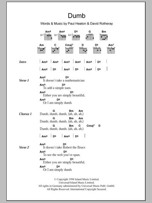 The Beautiful South Dumb sheet music notes and chords arranged for Guitar Chords/Lyrics