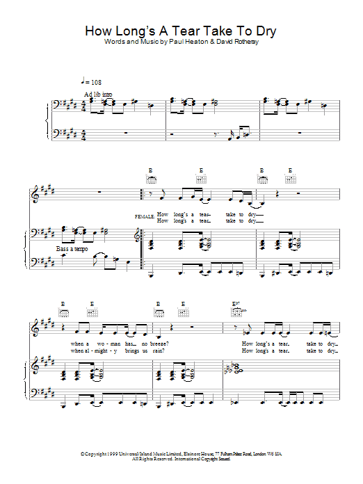 The Beautiful South How Long's A Tear Take To Dry? sheet music notes and chords arranged for Piano, Vocal & Guitar Chords