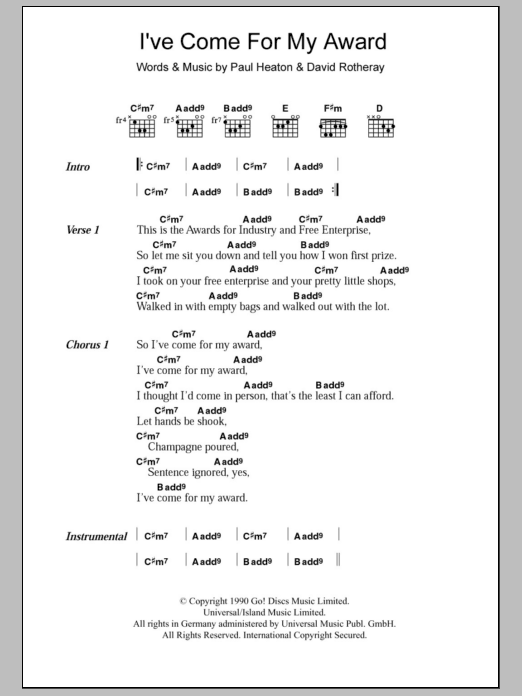 The Beautiful South I've Come For My Award sheet music notes and chords arranged for Guitar Chords/Lyrics