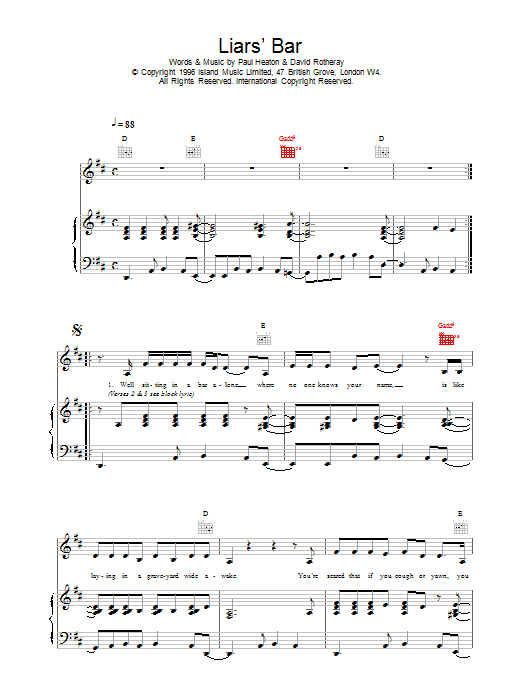 The Beautiful South Liar's Bar sheet music notes and chords arranged for Piano, Vocal & Guitar Chords