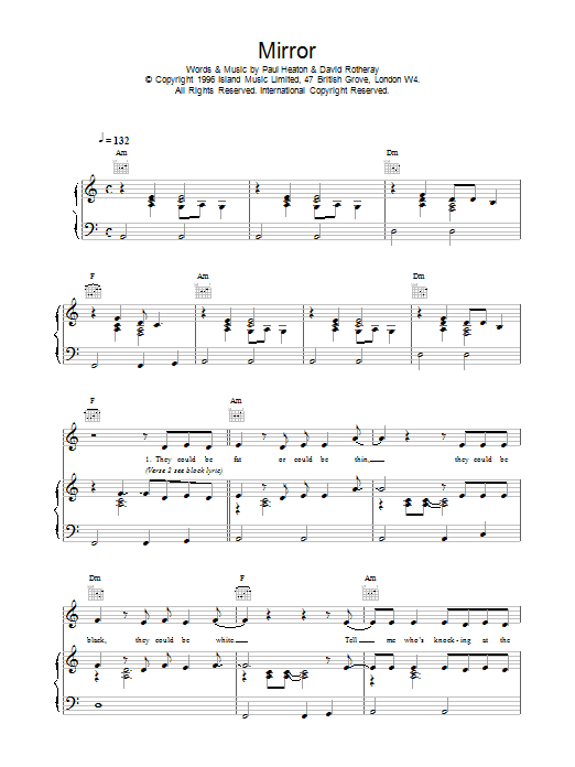 The Beautiful South Mirror sheet music notes and chords arranged for Piano, Vocal & Guitar Chords