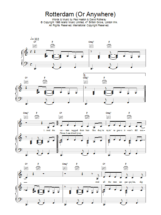 The Beautiful South Rotterdam (Or Anywhere) sheet music notes and chords arranged for Piano, Vocal & Guitar Chords