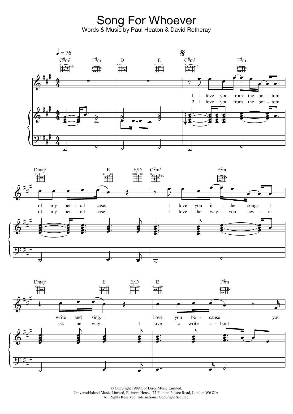 The Beautiful South Song For Whoever sheet music notes and chords arranged for Piano, Vocal & Guitar Chords