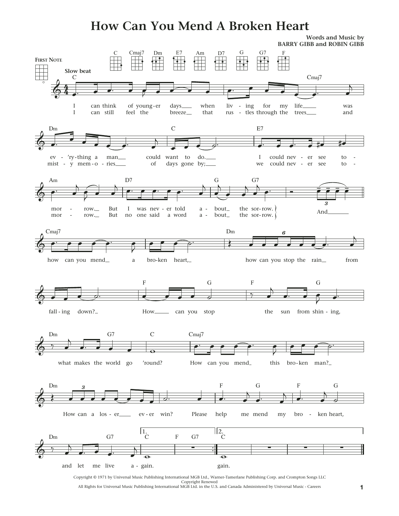 The Bee Gees How Can You Mend A Broken Heart (from The Daily Ukulele) (arr. Liz and Jim Beloff) sheet music notes and chords arranged for Ukulele