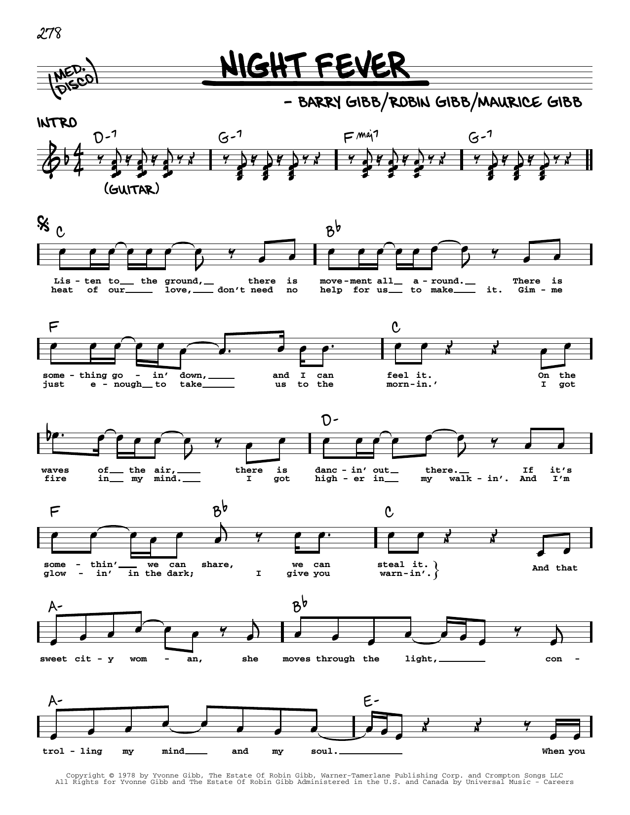 The Bee Gees Night Fever sheet music notes and chords arranged for Real Book – Melody, Lyrics & Chords