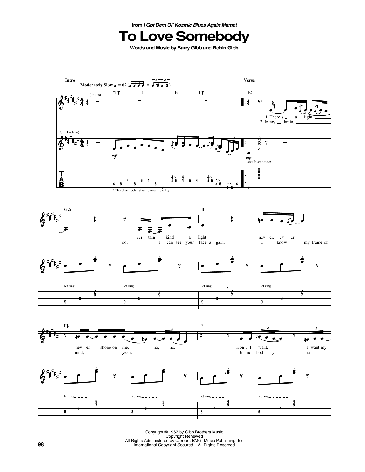 The Bee Gees To Love Somebody sheet music notes and chords arranged for Guitar Tab