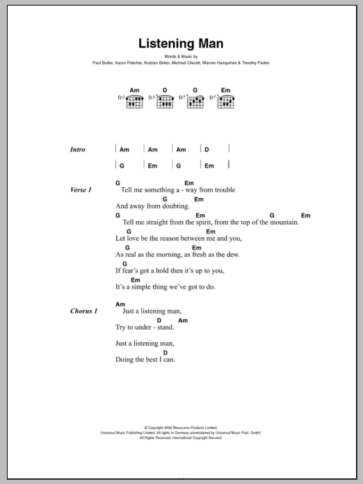 The Bees Listening Man sheet music notes and chords arranged for Guitar Chords/Lyrics