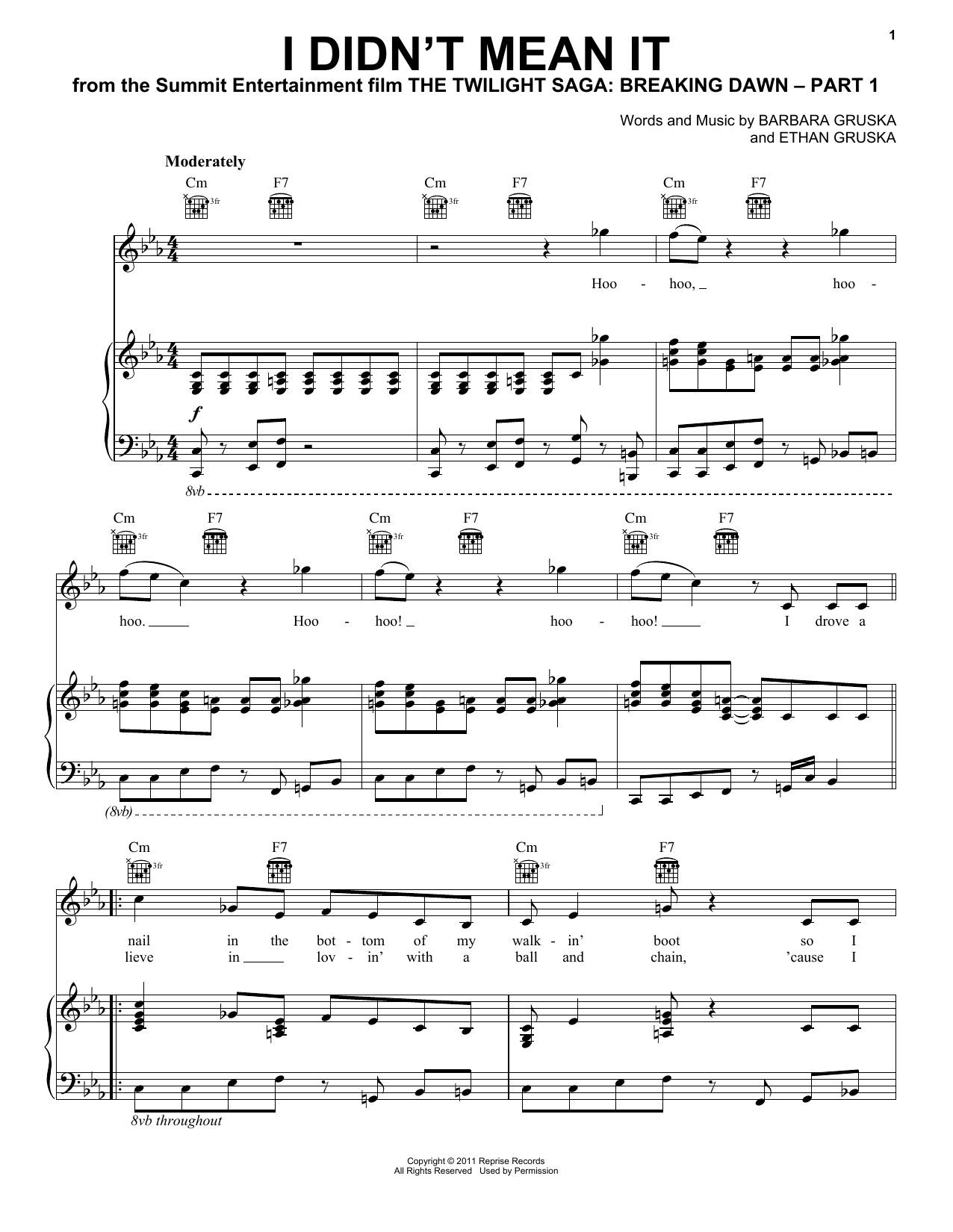 The Belle Brigade I Didn't Mean It (from The Twilight Saga: Breaking Dawn, Part 1) sheet music notes and chords arranged for Piano, Vocal & Guitar Chords (Right-Hand Melody)