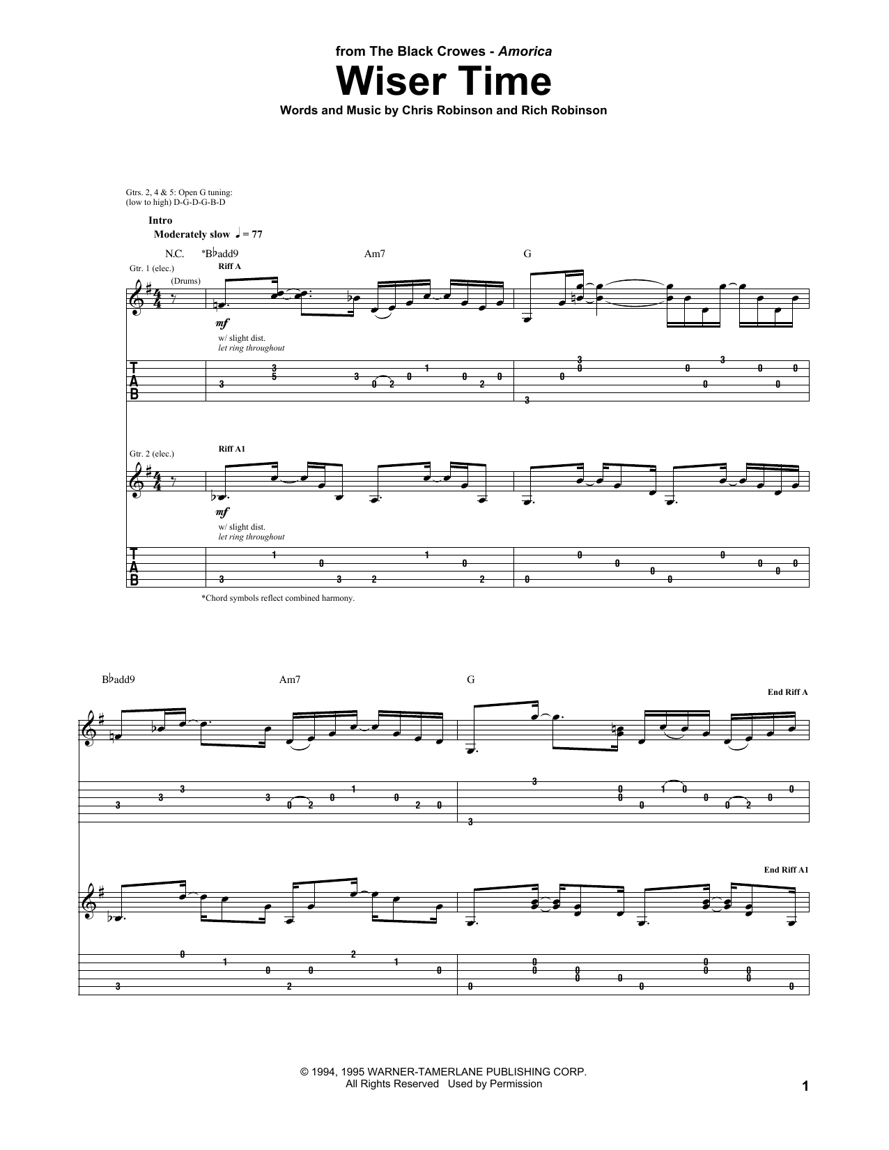The Black Crowes Wiser Time sheet music notes and chords arranged for Guitar Tab