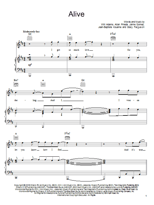The Black Eyed Peas Alive sheet music notes and chords arranged for Piano, Vocal & Guitar Chords (Right-Hand Melody)