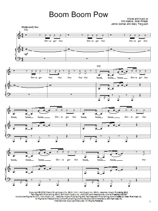 The Black Eyed Peas Boom Boom Pow sheet music notes and chords arranged for Piano, Vocal & Guitar Chords (Right-Hand Melody)