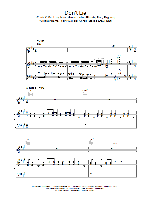The Black Eyed Peas Don't Lie sheet music notes and chords arranged for Piano, Vocal & Guitar Chords
