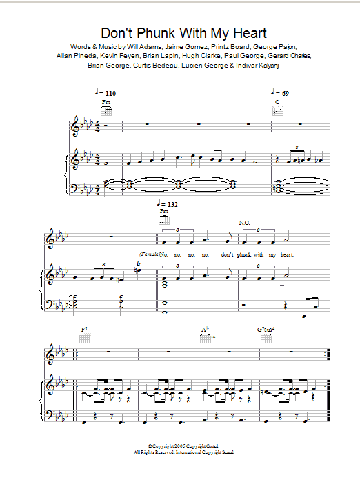The Black Eyed Peas Don't Phunk With My Heart sheet music notes and chords arranged for Piano, Vocal & Guitar Chords (Right-Hand Melody)