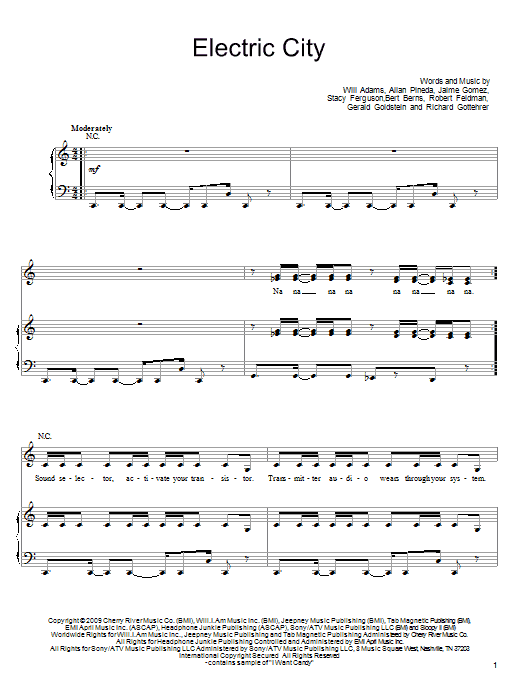 The Black Eyed Peas Electric City sheet music notes and chords arranged for Piano, Vocal & Guitar Chords (Right-Hand Melody)