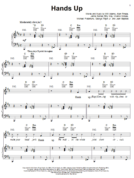The Black Eyed Peas Hands Up sheet music notes and chords arranged for Piano, Vocal & Guitar Chords (Right-Hand Melody)