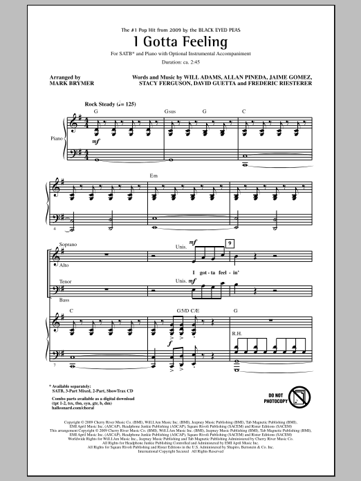 The Black Eyed Peas I Gotta Feeling (arr. Mark Brymer) sheet music notes and chords arranged for 3-Part Mixed Choir