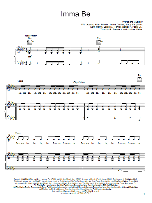 The Black Eyed Peas Imma Be sheet music notes and chords arranged for Piano, Vocal & Guitar Chords (Right-Hand Melody)