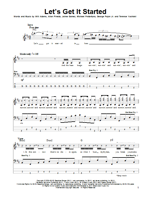 The Black Eyed Peas Let's Get It Started sheet music notes and chords arranged for Bass Guitar Tab