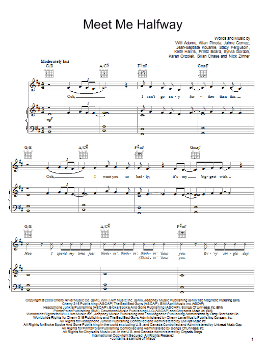 The Black Eyed Peas Meet Me Halfway sheet music notes and chords arranged for Piano, Vocal & Guitar Chords (Right-Hand Melody)