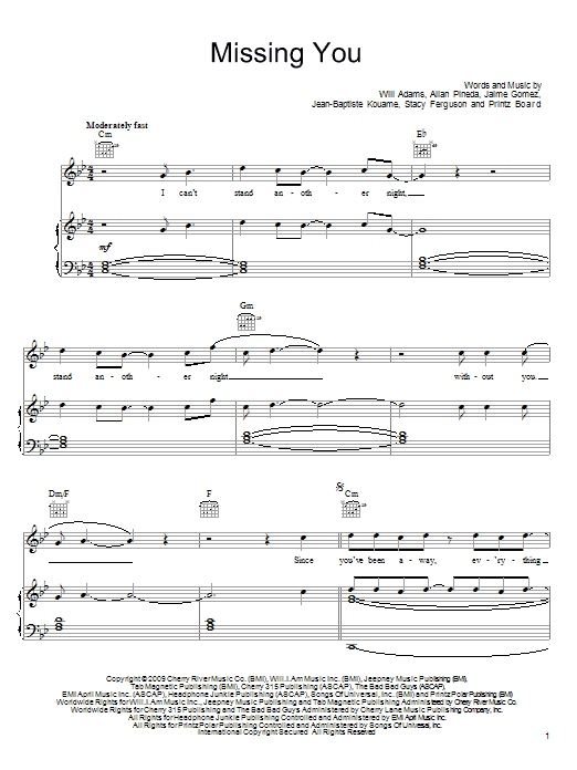 The Black Eyed Peas Missing You sheet music notes and chords arranged for Piano, Vocal & Guitar Chords (Right-Hand Melody)