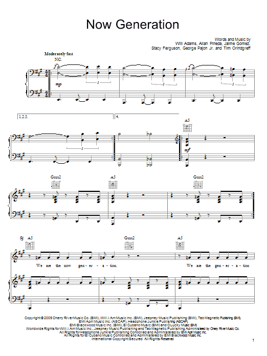 The Black Eyed Peas Now Generation sheet music notes and chords arranged for Piano, Vocal & Guitar Chords (Right-Hand Melody)